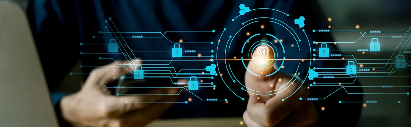 Person scanning fingerprint and biometric authentication, processing of biometrics for personal data access.